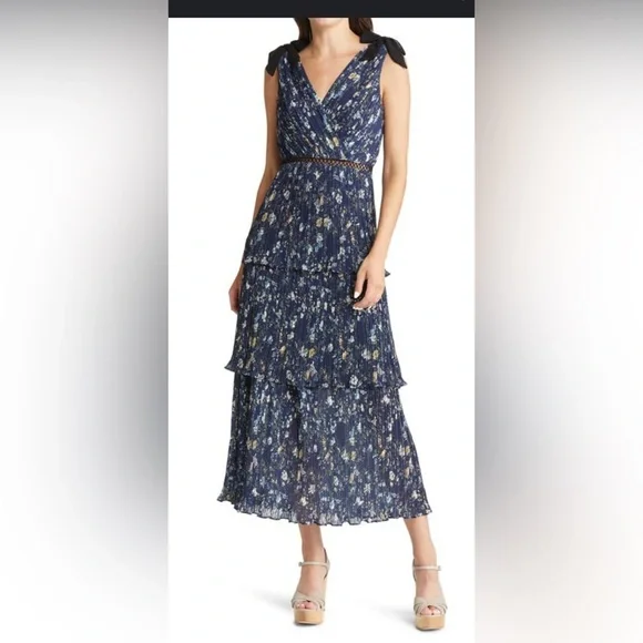 Lulu's Navy Floral Tiered Maxi Dress with Black Shoulder Ties - Picture 2 of 15
